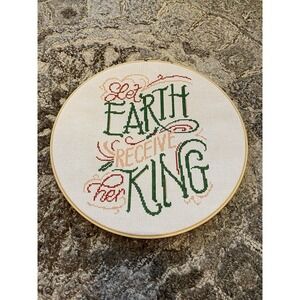 COMPLETED CROSS Stitch Christmas Joy To The World 12" Hoop Wall Hang Holiday